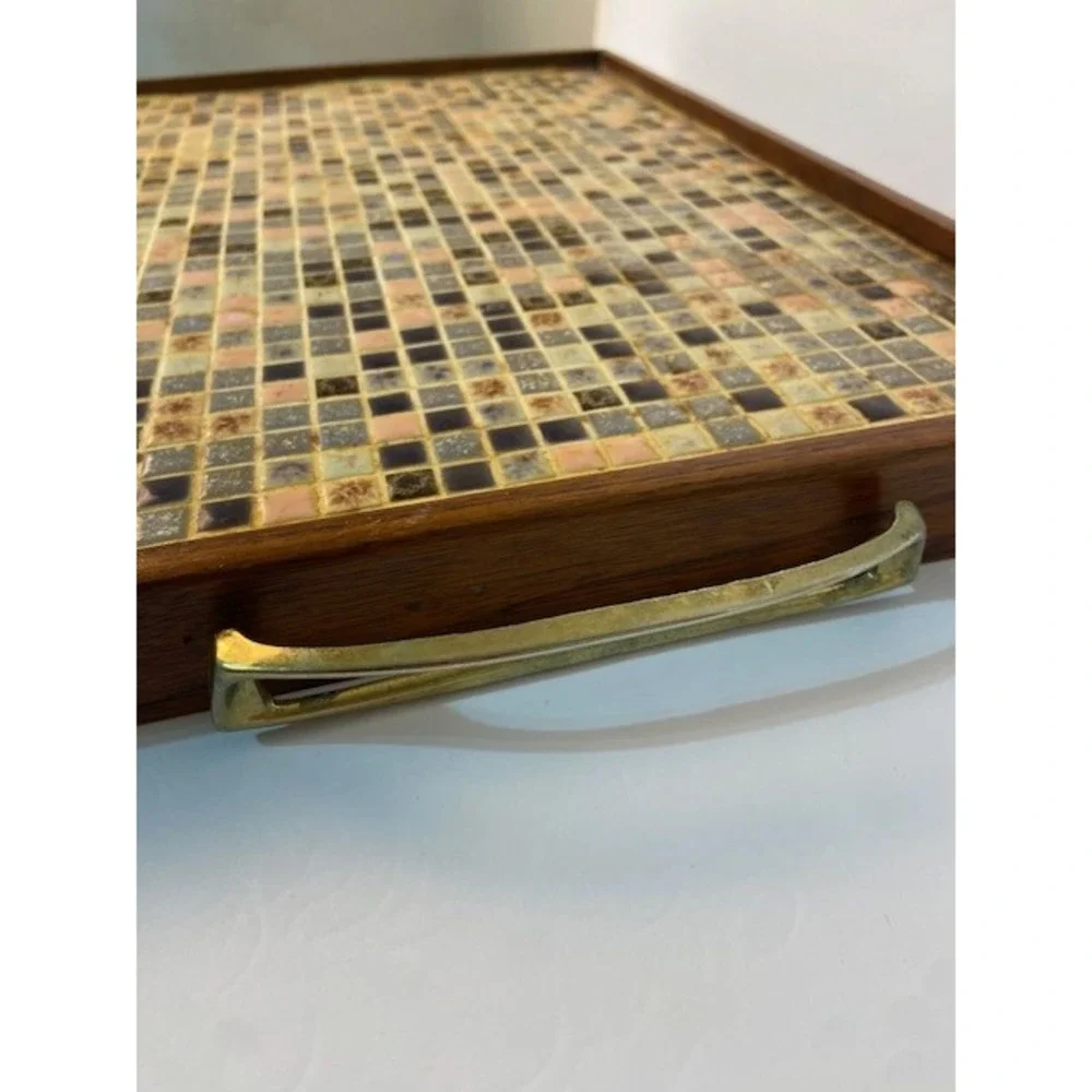 Vintage Mid Century Modern Mosaic Tile Wood Serving Tray Brass Handles Vered